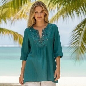 Lands End Teal Embroidered V Neck 3/4 Sleeve Tunic Top Women's Size M